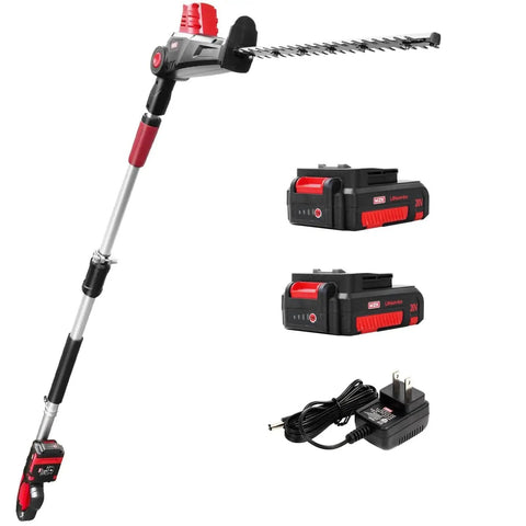 Cordless Pole Hedge Trimmer Attachment With 23 Inch Blade, 8 Foot Reach, Multi Angle Head, Extension Pole, Dual Battery System And Charger Included, Easy Cut, Low Vibration, Red And Black