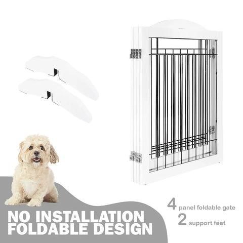 Folded Ultra Wide 96 Inch Dog Gate With Walk Through Door, Freestanding Wire Pet Gate With Support Feet, White, 30 Inch Tall
