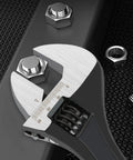Ridiculously Handy 3-Piece Adjustable Wrench Set With 6, 8, And 10 Inch Wide Jaw Great For Auto Repairs, Plumbing, And Home Fixes shown adjusting a bolt.