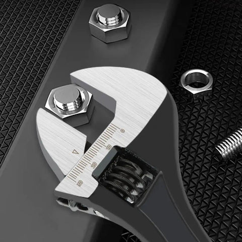 Ridiculously Handy 3-Piece Adjustable Wrench Set With 6, 8, And 10 Inch Wide Jaw Great For Auto Repairs, Plumbing, And Home Fixes shown adjusting a bolt.