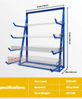 Four Tier Heavy Duty Lumber Storage Rack Made From Thick Alloy Steel For Sheds And Garages Holds 4000 LBS Total Weight with detailed dimensions.