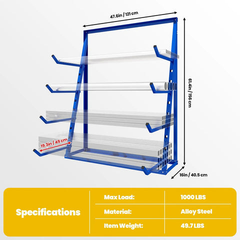 Four Tier Heavy Duty Lumber Storage Rack Made From Thick Alloy Steel For Sheds And Garages Holds 4000 LBS Total Weight with detailed dimensions.