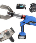 Cordless Hydraulic Cable Cutter with LED Display and Battery, showing cutter head, batteries, and charger for fast cutting.