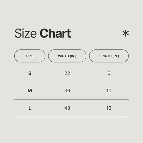 Size chart showing dimensions for S, M, and L sizes of decals in width and length in inches.