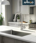 Top Tier Three Way Kitchen Faucet With Built In Water Filter Dispenser In Sleek Brushed Nickel Finish installed over black sink.