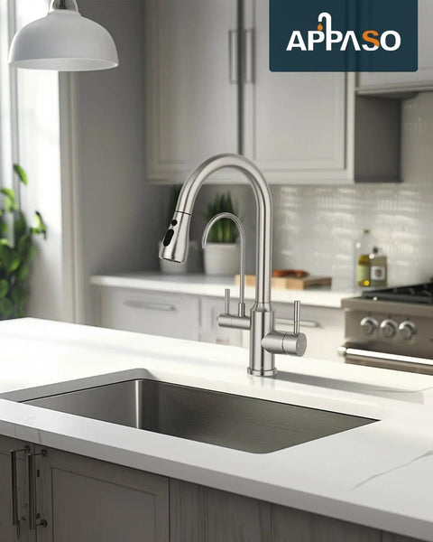Top Tier Three Way Kitchen Faucet With Built In Water Filter Dispenser In Sleek Brushed Nickel Finish installed over black sink.