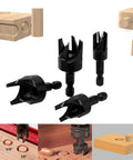 Heavy Duty Wood Plug Cutter Drill Bit Set Featuring Straight And Tapered Profiles In Four Classic Sizes Black Oxide Coated for precise wood plugs.