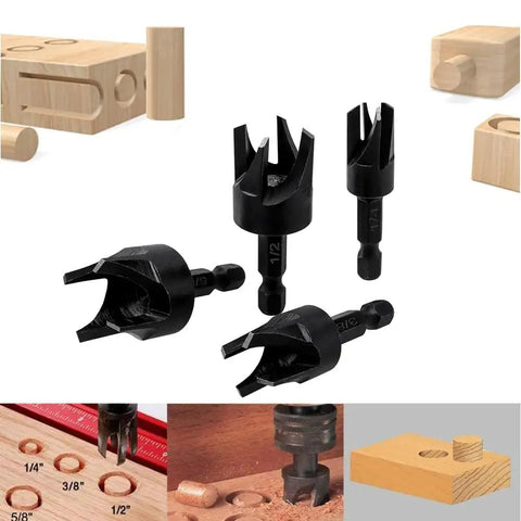 Heavy Duty Wood Plug Cutter Drill Bit Set Featuring Straight And Tapered Profiles In Four Classic Sizes Black Oxide Coated for precise wood plugs.