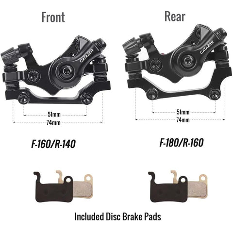 All In One Bike Disc Brake Kit Front And Rear Calipers With Rotors 160mm And 180mm Options shown with disc pads