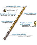 Close-up of a titanium twist drill bit highlighting features like 135-degree point, spiral groove, and HSS 4341 material.