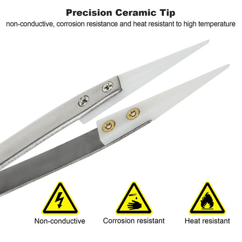 Close-up of Six Piece Precision Ceramic Reverse Solder Tweezers Set with non-conductive and anti-magnetic ceramic tips.