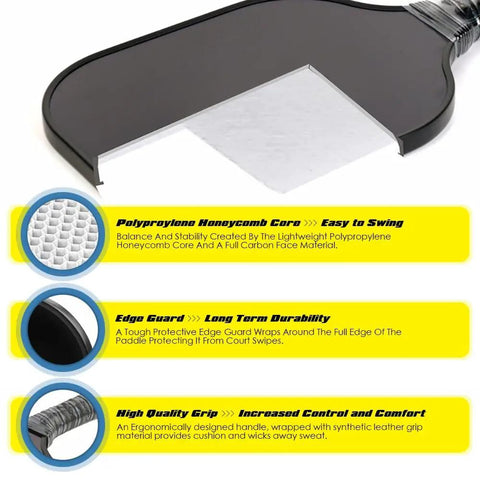 Custom Graphite Pickleball Paddle Set With Comfort Grip, featuring polypropylene honeycomb core and edge guard details.