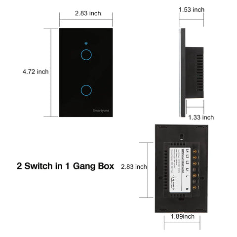 Dimensions of WiFi Smart Touch Light Switch 2 Gang US Standard Black Tempered Glass Panel With Timer Function Single Pole.