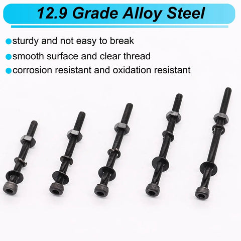 Complete M3 Hex Socket Head Cap Screws Kit With Nuts Washers And Lock Washers, M3 30 35 40 45 50mm Metric Bolts, 12.9 Grade Alloy Steel, 420 Pcs Handy For Appliances Furniture Repair And DIY Projects displayed on a white background with size variations and material details.