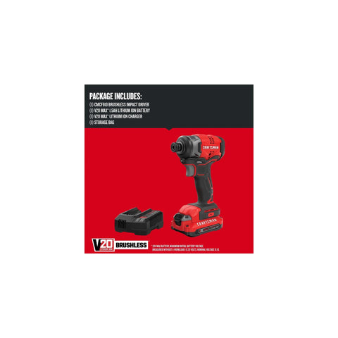 V20 Cordless Impact Driver Kit With 1/4 Inch Quick Release Chuck Battery And Charger Included Brushless Motor Delivers Up To 1500 RPM