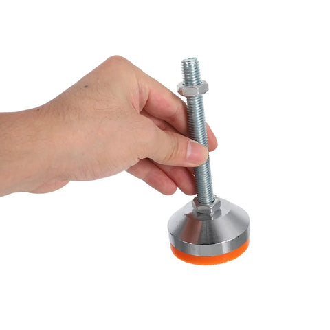 Heavy Duty Swivel Leveling Feet With GripLock Rubber Base And Easy Tune Bolts for Sturdy Workbenches and Garage Rigs D60x12mm Rock Solid, showing installation.