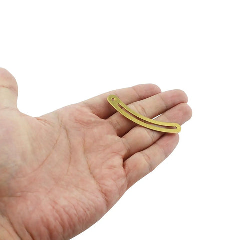 All Brass Shelf Support Hinges 60mm Golden Lid Support Bracket in hand showing curved shape and small size for easy install