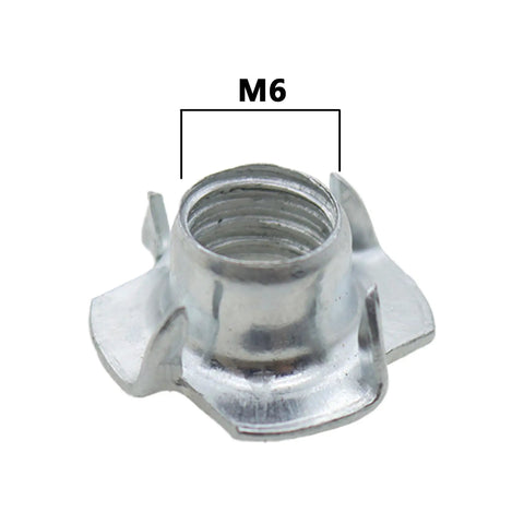 Close-up of M6 4 Pronged T Nut from set of 20 for woodworking furniture and cabinets, includes adjustable leveler pads for climbing holds.