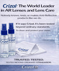 Crizal lens cleaner bottles and microfiber cloths for eyeglasses, highlighting trusted care for AR coatings