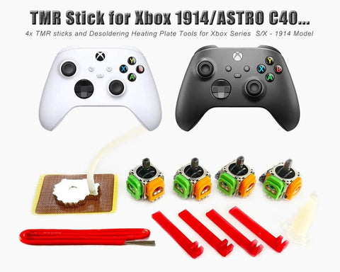 4x TMR Joystick Replacement Kit With Desoldering Heating Plate For Xbox Series S X Controllers Pro Grade Hall Effect Thumbs Sticks And Solder Wick Repair Tools TMR X1914FU components including joysticks and tools.