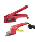 Heavy Duty Electric Strapping Machine With Heat Welding Tool Kit For Portable PP Banding, red handheld applicator and cutter.