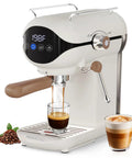 Compact Semi Automatic Espresso Machine With 20 Bar Pressure brewing espresso in a glass, milk frother, and touchscreen on display.
