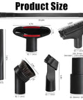 Image showing dimensions of 7 Piece Vacuum Attachment Kit With Crevice Tool, Horsehair Round Brush, Upholstery Tool, and Hose Adapters.