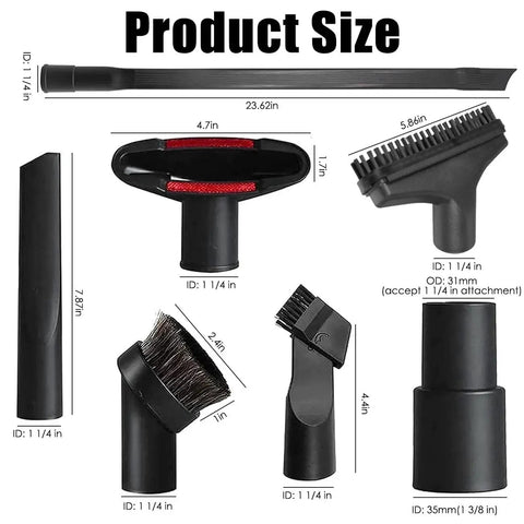 Image showing dimensions of 7 Piece Vacuum Attachment Kit With Crevice Tool, Horsehair Round Brush, Upholstery Tool, and Hose Adapters.
