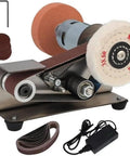 Stainless Steel Electric Belt Sander Grinder Machine With Adjustable Work Table Shockproof Feet For Abrasive Polishing Knife Making DIY Projects Versatile Desktop Polishing Tool with motor and sanding belts.