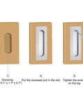 Dead Simple Seven Inch Recessed Pocket Door Pull With Rock Solid Rust Proof Brushed Stainless Steel Slide Grip Handle For Easy Glide Barn Doors And Tight Cabinet Installations installation process images showing recessed pull, grooving, and screws.