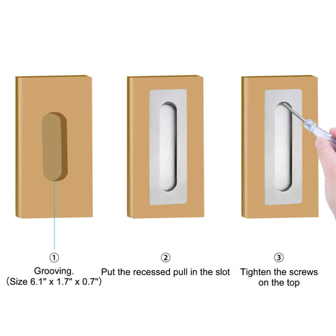 Dead Simple Seven Inch Recessed Pocket Door Pull With Rock Solid Rust Proof Brushed Stainless Steel Slide Grip Handle For Easy Glide Barn Doors And Tight Cabinet Installations installation process images showing recessed pull, grooving, and screws.
