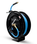 Retractable Air Hose Reel With Auto Rewind And Locking 12 Point Gearing, 3/8 Inch by 50 Foot Next Gen Rubber Hose mounted on wall