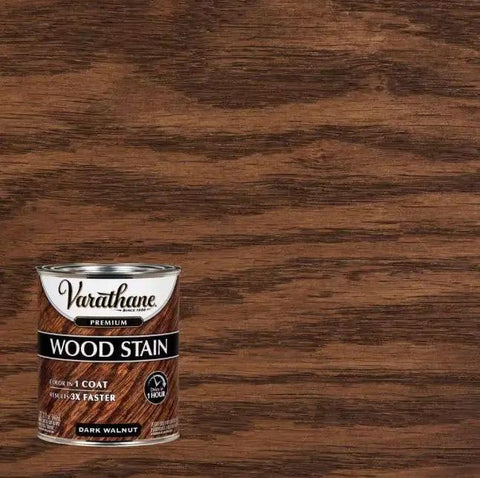 Rich Dark Walnut Wood Stain One Quart Heavy Duty Formula in metal container against dark wood background.
