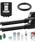 Heavy Duty Dual Swing Gate Opener Workhorse With Smart Automation And Sturdy Motors Built Tough For Seamless Driveway Access That Runs Smooth Without Any Sweat In Harsh Conditions kit with motors, remote, and installation parts.