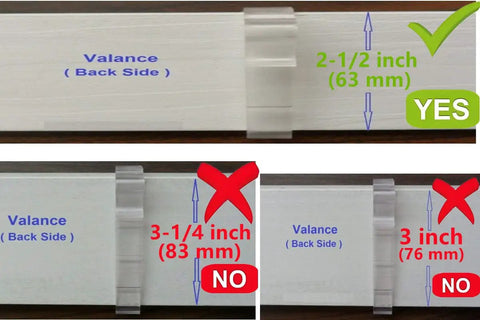 Six Pack Clear 2.5 Inch Window Blind Valance Clips Snap Right Onto Horizontal Blinds, measuring 2-1/2 inch and suitable for installation.