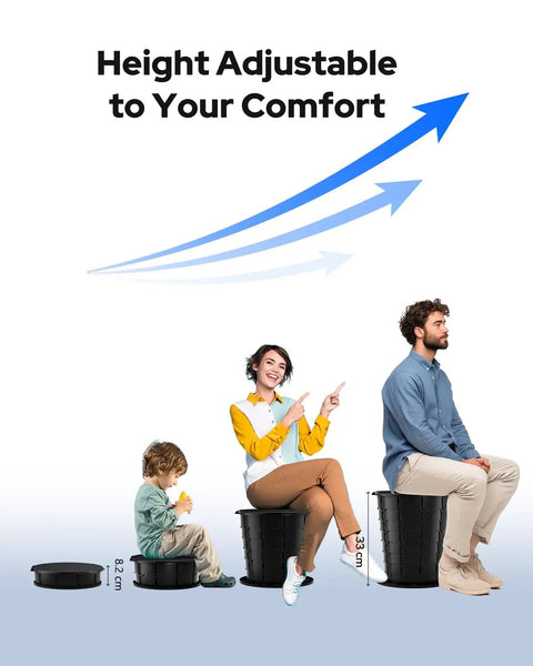 Height adjustable Heavy Duty Portable Folding Toilet For Camping And Travel, various sizes shown with people sitting on it.