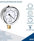 Heavy Duty 30 InHg Vacuum Liquid Filled Low Pressure Gauge For HVAC Systems Water Oil Air Testing Brass And Stainless Steel Wetted Parts Durable Accurate Pressure Readings, 2.5 in