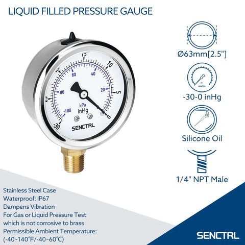 Heavy Duty 30 InHg Vacuum Liquid Filled Low Pressure Gauge For HVAC Systems Water Oil Air Testing Brass And Stainless Steel Wetted Parts Durable Accurate Pressure Readings, 2.5 in