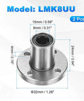 8mm Bore Linear Ball Bearings 15mm Outer Diameter 24mm Length 4mm Hole Double Side Rubber Sealed Flange Base 32mm