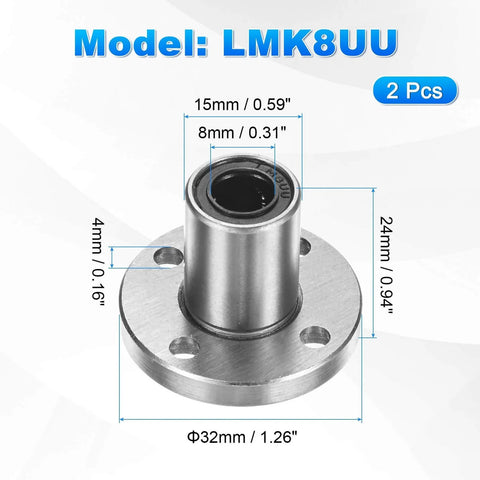 8mm Bore Linear Ball Bearings 15mm Outer Diameter 24mm Length 4mm Hole Double Side Rubber Sealed Flange Base 32mm