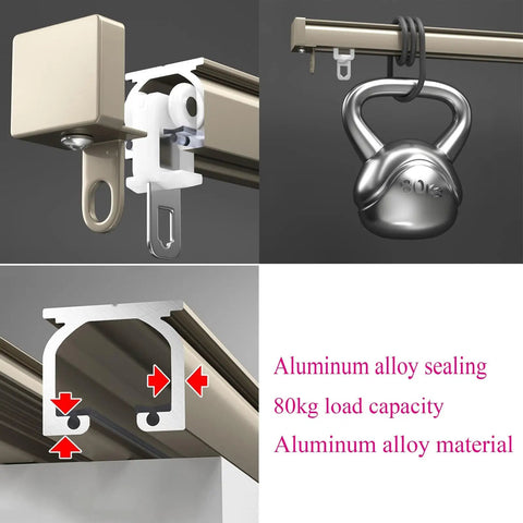 Heavy Duty Smooth Glide Sliding Barn Door Roller Set Built Different Metallic Chain Track For Room Dividers showing aluminum alloy components and 80kg load capacity.
