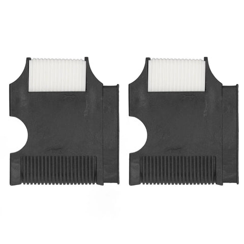 Front view: two black plastic boat rail-cleat clips with white rollers for 1in rails