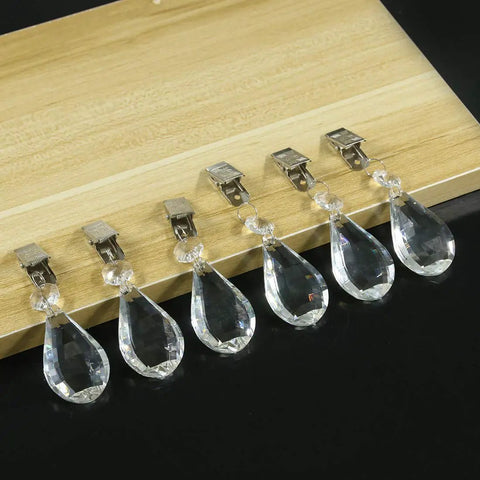 Set Of 10 Crystal Teardrop Tablecloth Weights With Metal Clips For Outdoor Picnics And Patio Tables AB Crystal Glass Prism Pendants displayed
