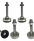 Adjustable Swivel Leveling Feet 4 Pack Heavy Duty Stabilizers For Workbenches Cabinets Machines 529 Lb Load Capacity Black Nylon Stainless Steel Thread No Flex Promise demonstrated in close-up view.