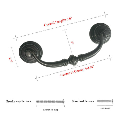 Slick And Dang Durable Drop Bail Cabinet Pulls With Oil Rubbed Bronze Finish showing dimensions and design details for installation.