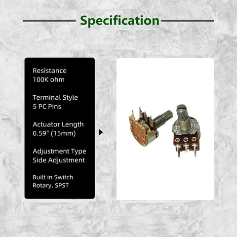 Eight Pack 100K Linear Taper Rotary Potentiometer with 15mm knurled shaft and built-in SPST switch, 5 pin carbon film pot.