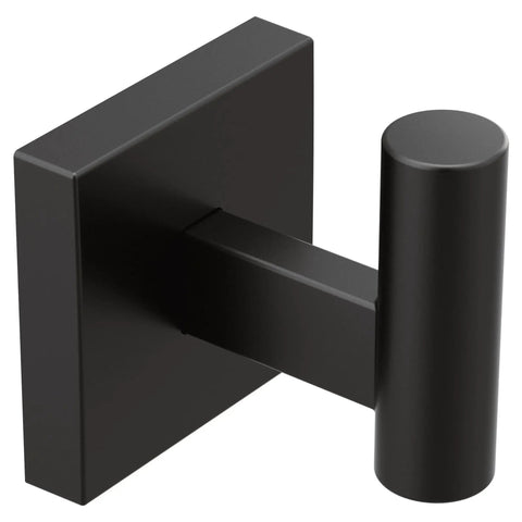 Triva Matte Black Single Towel Or Robe Hook For Bathrooms And Closets No Drama Install, bold matte black finish, angled view.