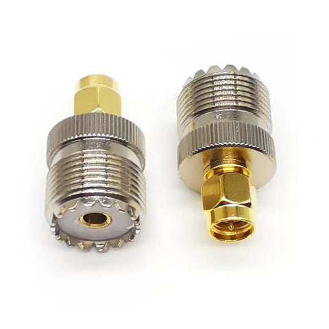 Two Pack SO239 To SMA Antenna Coax Adapters PL259 UHF Female To SMA Male Connectors, brass and nickel, front view