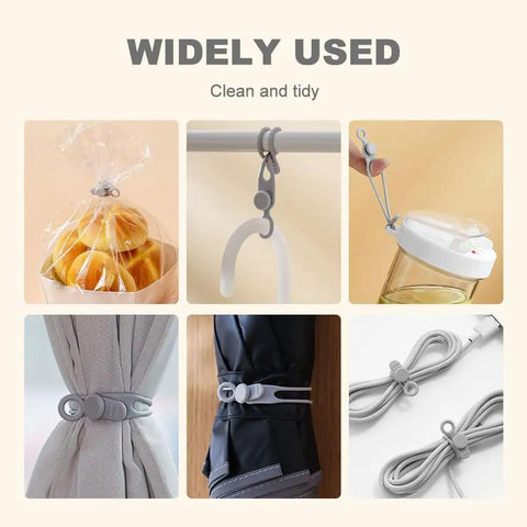 Premium Silicone Cable Ties Set used for organizing kitchen, curtains, and cables, showcasing adjustable 4.2 inch length and reusability.
