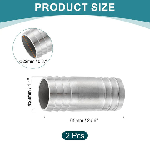 Two Pack One And One Eighth Inch Hose Barb Equal Pipe Fittings Made From 304 Stainless Steel Adapters For Vacuum Systems Industrial Connections And Pneumatic Equipment Heavy Duty with dimensions shown
